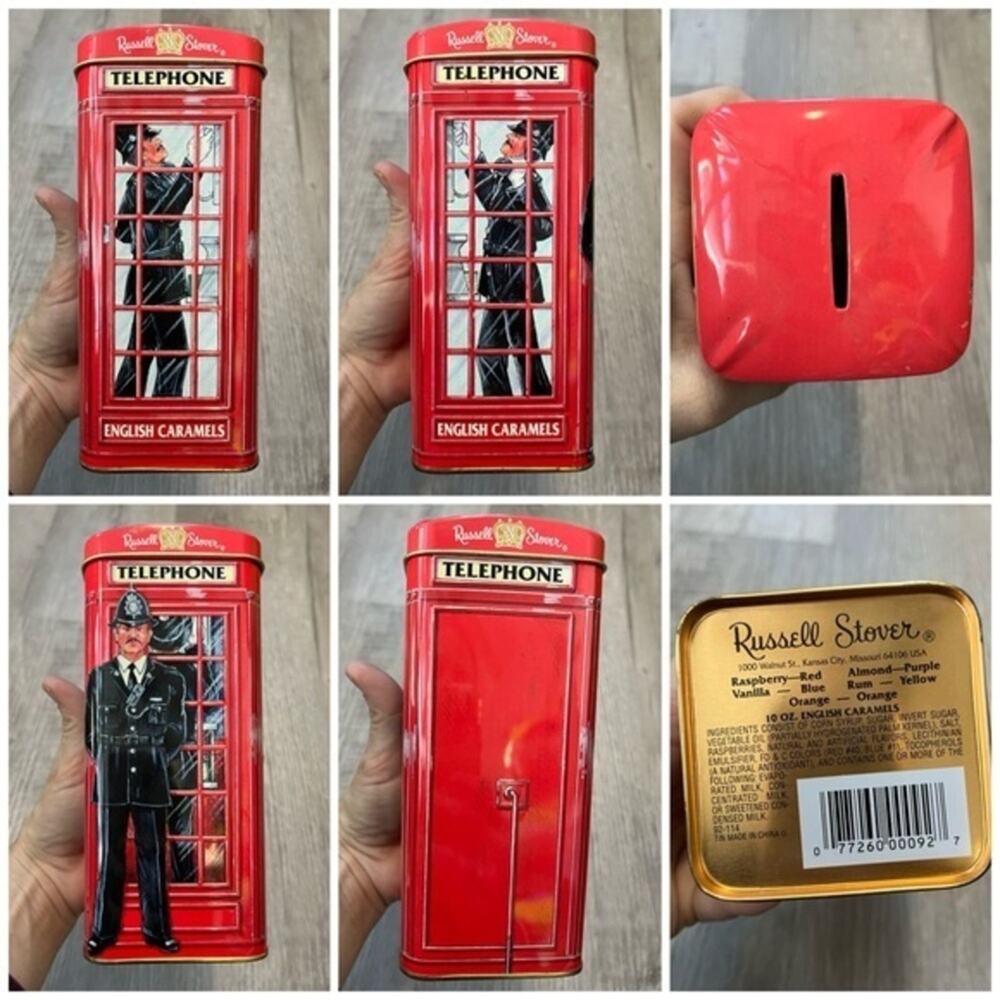 Vintage Russell Stover English Telephone Booth Officer Tin Canister Piggy Bank
